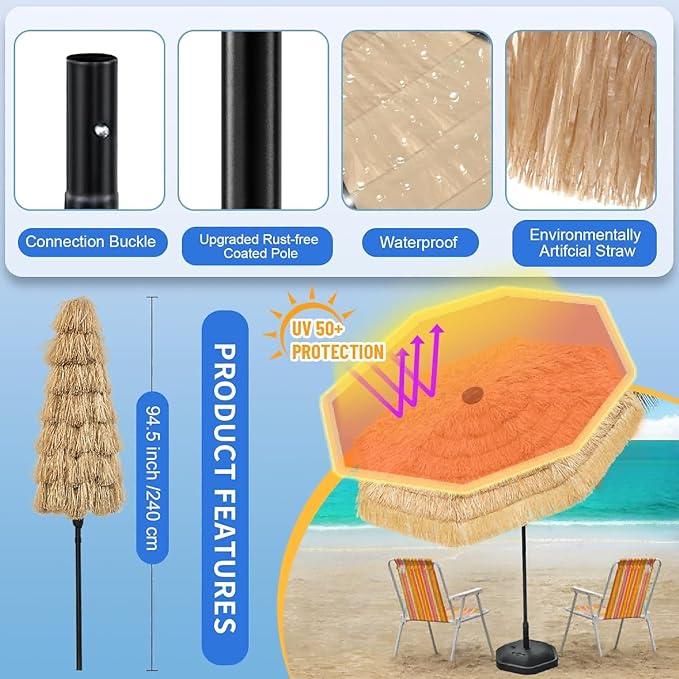 8FT Tiki Umbrella, Umbrella Outdoor Patio UV-Stability, Hawaiian Style Outdoor Umbrellas for Patio 8 large Ribs, Thatched umbrellas with Push Button Tilt and Crank Lift for Tiki Bar, Pool, Beach, Natural