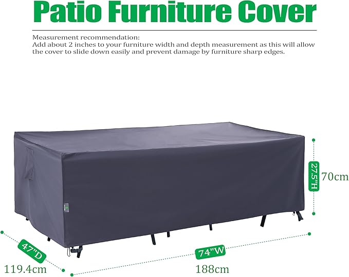 F&J Outdoors Patio Table Covers for Outdoor Furniture, UV Resistant Waterproof Snow Protection for Rectangular/Oval Dining Tables, 74 x 47 x 27.5 inches, Grey