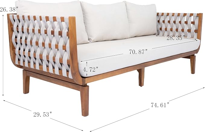 Merax Patio Rope Woven 3-Seater Sofa, Outdoor Acacia Wood Sofa Daybed with Water Repellent Fabric Cushion and Sturdy Base for Porch, Lawn, Backyard, Balcon, Teak+ Beige