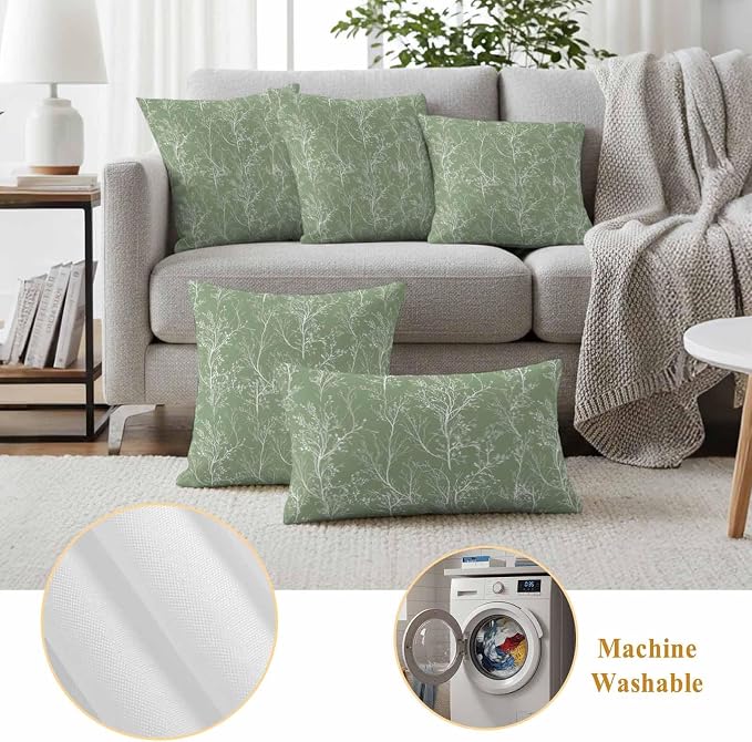 Sage Green Branches Waterproof Outdoor Pillow Covers Set of 2 Home Decor, Abstract Art Leaves Plant Pillowcase Patio Pillow Covers for Couch Bench Patio Furniture Garden 18x18in