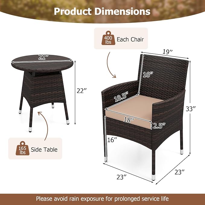 Tangkula 3 Piece Patio Furniture Set, Hand-Woven PE Wicker Conversation Set with Contoured Armchairs, Cushions & Round Coffee Table, Outside Bistro Set for Porch, Backyard, Balcony & Poolside (Beige)