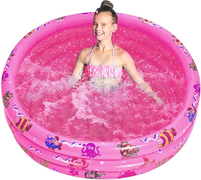 Inflatable Baby Kiddie Pools, 3 Rings Round Swimming Pool, Toddler Fun Water Swim Beach Floaties Toys, Kids Fishing Pond Ball Pit Pool, Small Infant Pool (Pink, 35 inch)