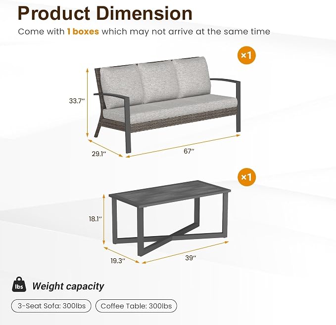 Green4ever Patio Sofa, 2 Pieces Patio Furniture Set with Coffee Table, Wicker Outside Furniture with Cushions, Patio Sofa for Porch, Outside Couch for Pool, Deck, Garden, Backyard, Grey