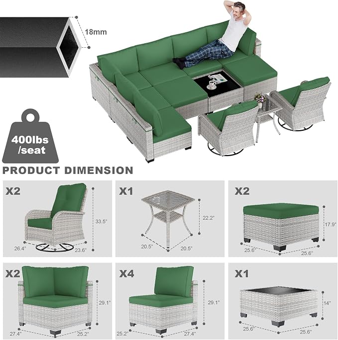 12-Piece Patio Furniture Set, Outdoor Patio Furniture with Swivel Chairs Set, Ottomans, Modular Patio Sofa, Dual-Strand Wicker Rattan, Rust-Resistant Frame, Dark Green