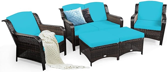 Tangkula 5 Pieces Patio Furniture Set, Outdoor Rattan Conversation Sofa Set with Loveseat, Single Sofas and Ottoman, Sectional Sofa Set with Removable Cushions for Porch, Backyard, Balcony, Lawn