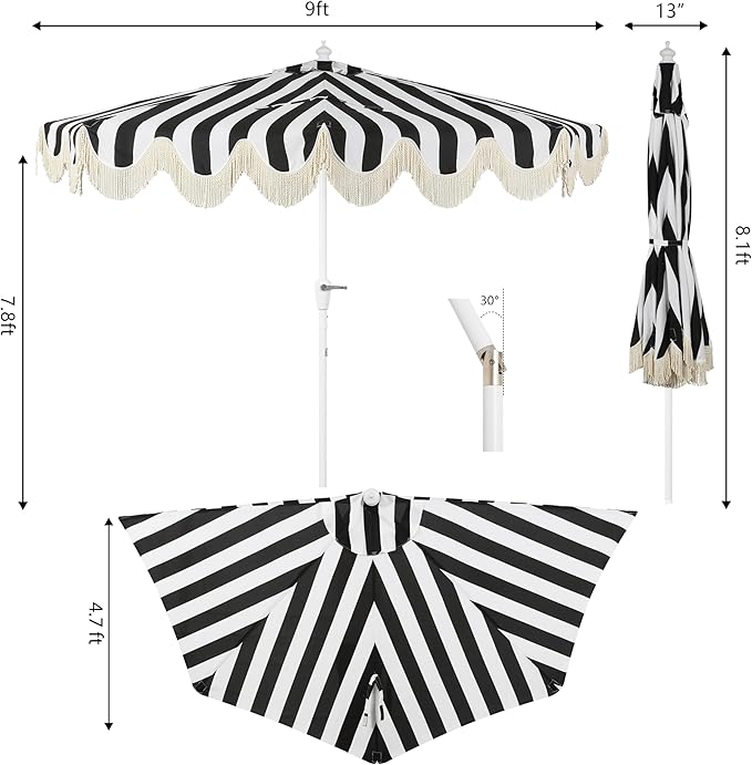 JONATHAN Y Beverly 9 ft. Coastal Black and White Striped Half Patio Umbrella with Scalloped Fringe, Crank Lift, and Manual Tilt for Balcony, White Pole UMB1201H