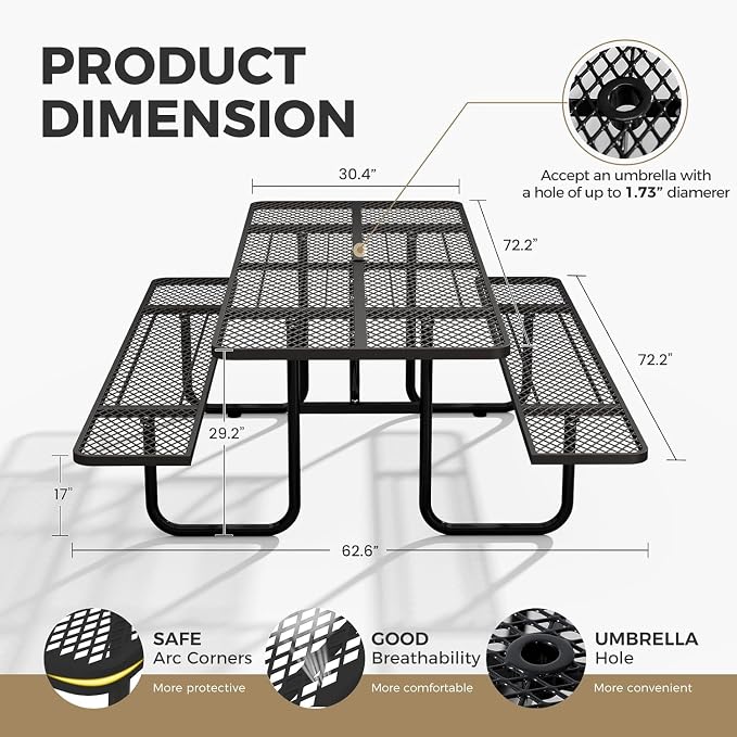 72" Coated Round Metal Picnic Table for 4-6 Person, Durable Heavy Duty Commercial Picnic Table with Umbrella Hole for Outdoor Coffee Shop, School, Easy to Install, Black