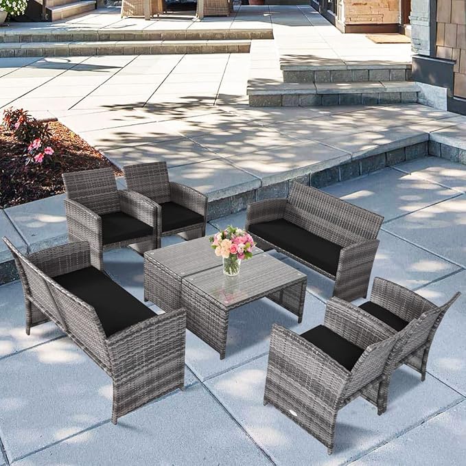 COSTWAY Patio Furniture Set 8 Pieces, Outdoor Wicker Chairs Sofa w/Coffee Table and Soft Cushions, Rattan Conversation Sets for Patio Lawn Backyard Yard Pool Garden, Black