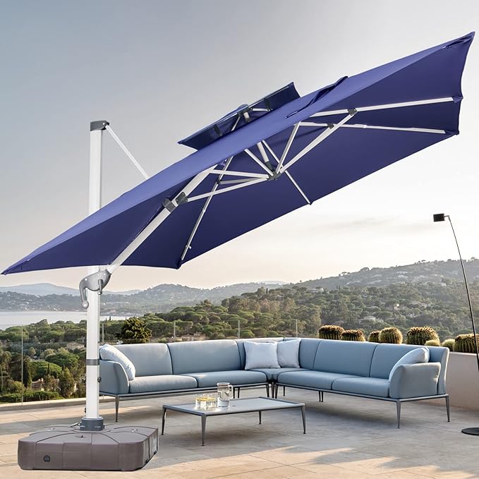 Cantilever Patio Umbrella with Cross Base and Cover Included - 360° Rotation Large Heavy Duty Offset Outdoor Umbrella with Easy Tilt for Pool Backyard Deck Garden (10x10 FT Navy Blue)