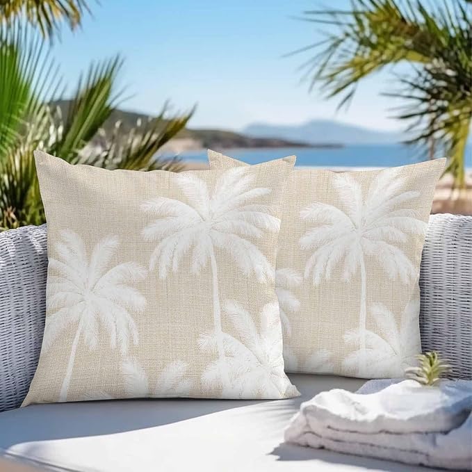 Outdoor Pillow Covers 20x20 Inch Set of 2, Beige Palm Trees Waterproof Throw Pillow Covers, Farmhouse Tropical Summer Beach Decorative Cushion Pillowcases for Couch, Sofa, Bed, Garden, Patio