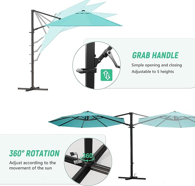 Greesum 10FT Outdoor Patio Umbrella with High Pedel and 4 Gear Heights, Large Offset Market Umbrella with 360-degree Rotation, Without Base, Hanging Outdoor Shade for Garden, Lawn, Pool, Light Blue