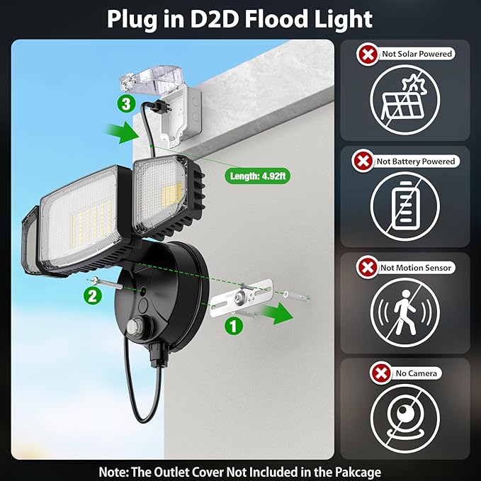 iMaihom 100W Dusk to Dawn Outdoor Lighting, 10000LM Plug in Flood Lights with Remote Control, 2 Modes IP65 Waterproof Led Exterior Security Light with Photocell, 6500K Floodlight for Yard Garage Black