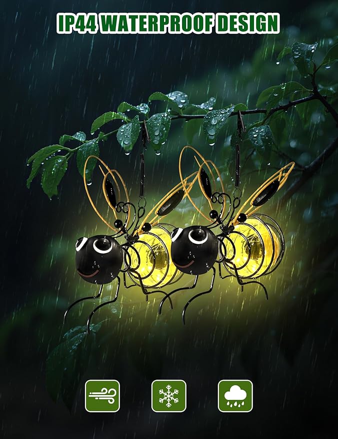 Solar Bees Lights Outdoor, 2026 New Hanging Bee Solar Garden Lights,IP44 Waterproof,Outdoor Statues Figurine Light Decorations for Balcony,Garden,Porch,Courtyard Decoration (1Pcs)