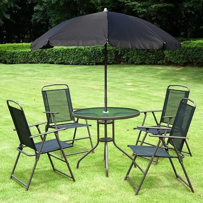 6 Piece Patio Dining Set for 4 with Umbrella, Outdoor Table and Chairs with 4 Folding Dining Chairs & Round Glass Table for Garden, Backyard and Poolside, Black