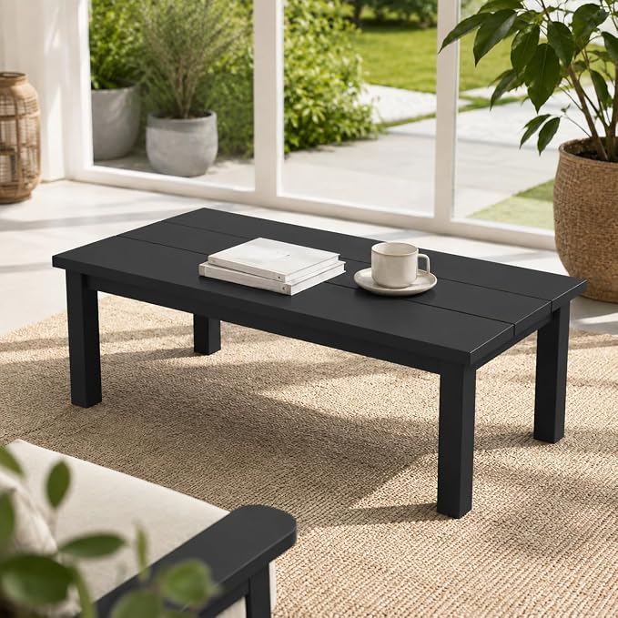 43.9" HDPE Outdoor Coffee Table, (Black) | All-Weather HDPE, Easy Assembly, Low-Maintenance, Large Tabletop, For Patio Deck Poolside Backyard Use