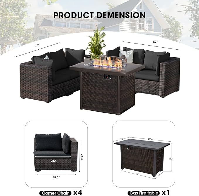 Patio Furniture Set with Fire Pit Table 5 Piece All Weather PE Rattan Outdoor Sectional Sofa Couch with 4 x arm Sofa, No-Slip Cushions for Garden, Poolside, Backyard (Black)