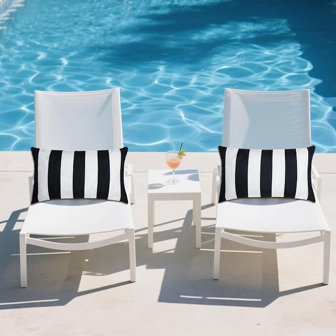 2 Pack Waterproof Pillow Covers Outdoor Throw Pillowcases Decorative Garden Cushion Case for Home Garden Patio Couch Balcony Striped (Black & White, 12 * 20 inch)