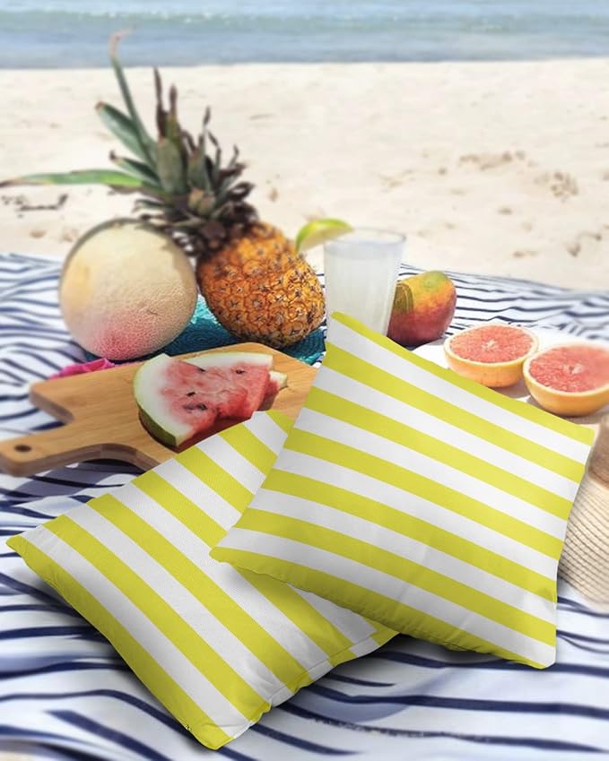 Outdoor Waterproof Pillow Covers for Patio Furniture Yellow and White Stripes Decorative Throw Pillow Cover Solid Striped Pillowcases Set of 2 Cushion Case for Sofa Couch Chair 16 x 16 in
