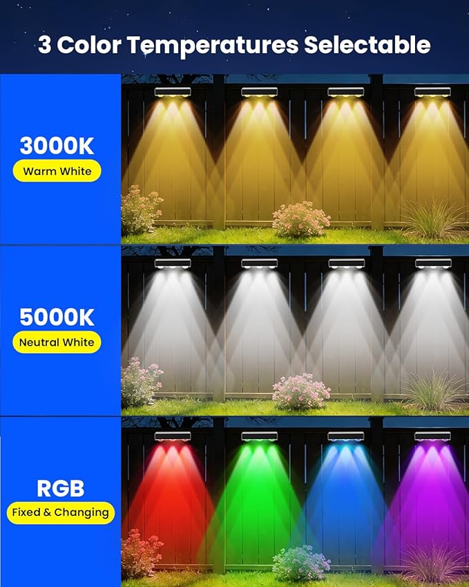 Solar Fence Lights Outdoor Waterproof 3000/5000K/RGB 12 Modes, 8 Pack 60LM Brighter 3 LED Spot Lens Deck Lights Solar Powered Wall Lighting Decor for Outside Step Porch Patio Yard Railing Pool