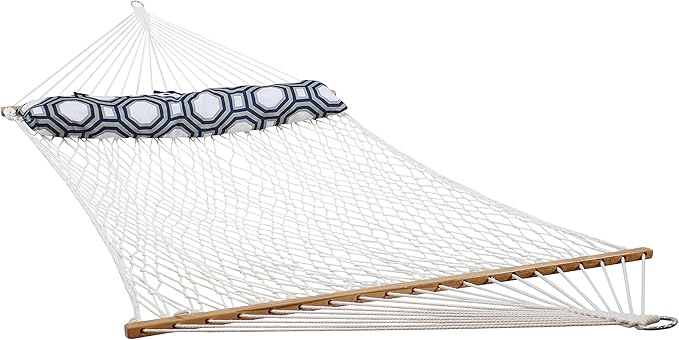Sunnydaze Polyester Rope Double Hammock with Spreader Bars - 400-Pound Capacity - White with Navy and Gray Octagon Pillow