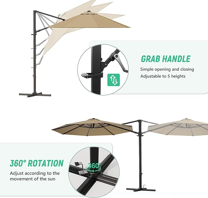 Greesum 10FT Outdoor Patio Umbrella with High Pedel and 4 Gear Heights, Large Offset Market Umbrella with 360-degree Rotation, Without Base, Hanging Outdoor Shade for Garden, Lawn, Pool, Brown