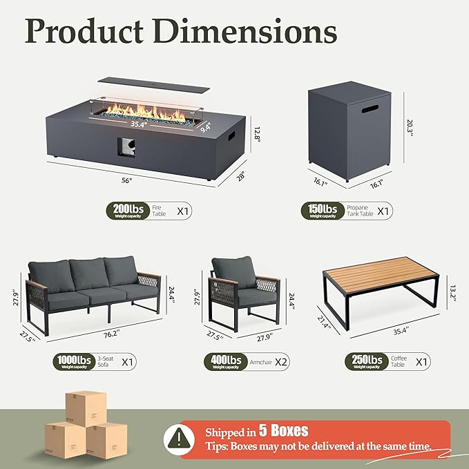 UPHA 6 Pieces Patio Furniture Set with 56" Propane Gas Fire Pit Table, Metal Outdoor Sectional Couch Set with 3-Seat Sofa, Modern Patio Conversation Set for Porch Balcony Deck, 5 Seats, Gray