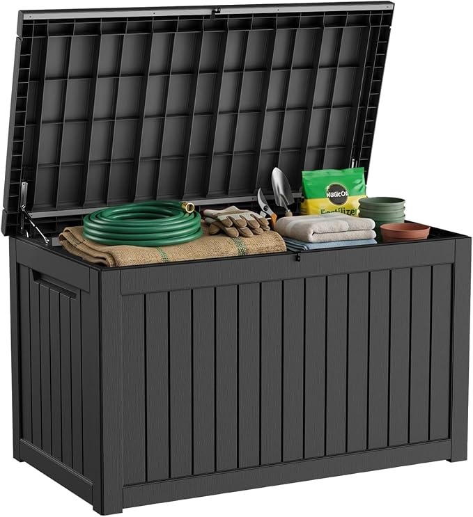 Vixzen 280 Gallon Outdoor Storage Box Waterproof, Large Lockable Resin Deck Box with lid for Patio Furniture Cushions, Weatherproof Storage Boxes for Garden Tools Pool Accessories (Black, 280 Gallon)