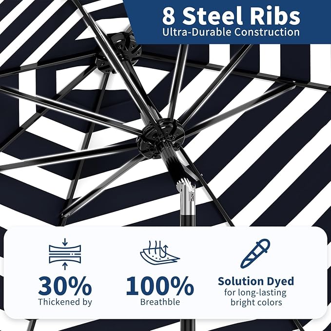 Garvee 9 ft Patio Umbrella - 8 Sturdy Ribs Outdoor Table Umbrella with Crank Lift & Push Button Tilt - Market Umbrella for Pool, Deck, Yard, Garden - Black & White Stripe
