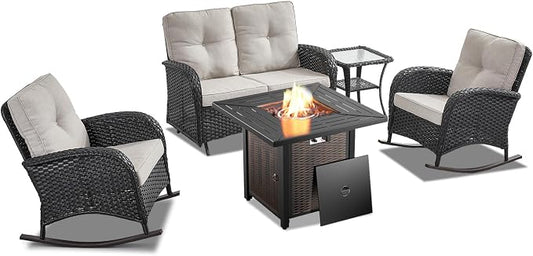 Belord 5 Pieces Patio Furniture Set with 50000 BTU Propane Fire Pit Table, All-Weather Patio Rocking Chairs, Loveseat Glider and Side Table for Outdoor Conversation Deck Backyard Poolside Black