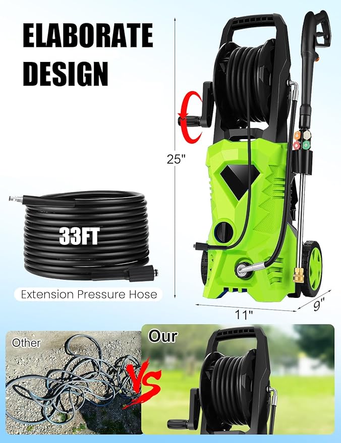 Electric Pressure Washer 5000 PSI Portable Power Washer with 33FT Pipe, 4 Nozzle Set for Home/Cars/Fences/Windows, Green