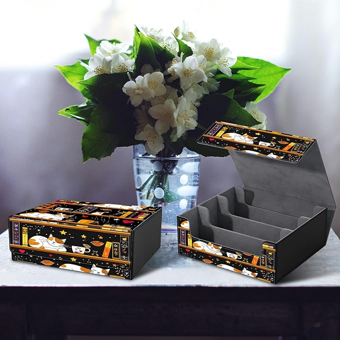 Card Deck Box for MTG, Cards Storage Box Fits 120+ Sleeved, Leather Big Size Strong Magnetic Closing Case for Board Games Magic TCG CCG Baseball Collection Women Man, Black Book Cat