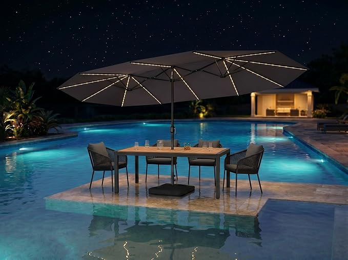 PURPLE LEAF 15ft Patio Market Umbrella with Solar LED and Base Double-Sided Rectangle Outdoor Table Sun Umbrellas with Crank for Pool Beach Deck Backyard Gray