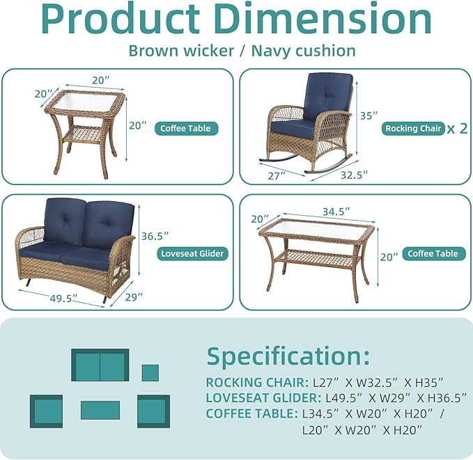 Meetwarm 5-Piece Outdoor Patio Conversation Set with Glider Loveseat & Rocking Chairs, Glass-Top Coffee Table - Navy Blue