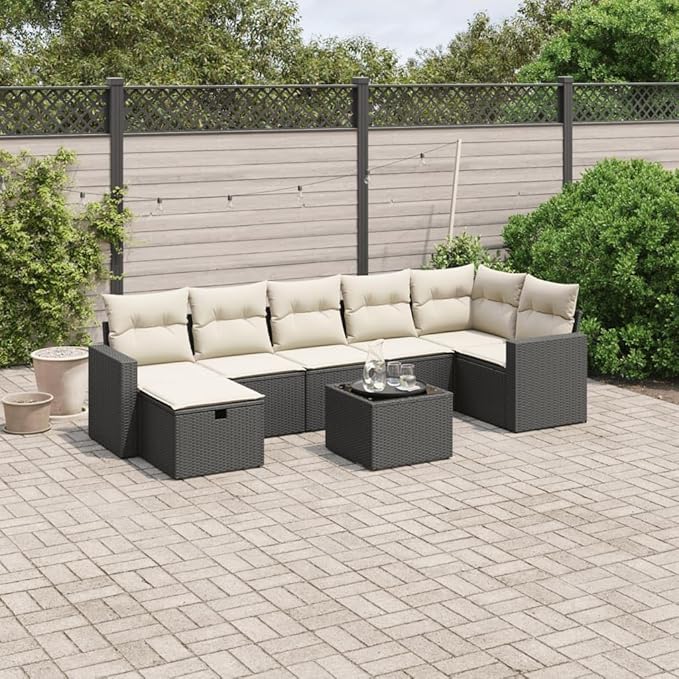 vidaXL Patio Sofa Set with Cushions 8 Piece, Outdoor Conversation Set, Sectional Sofa for Balcony Garden, Modern Style, Black Poly Rattan