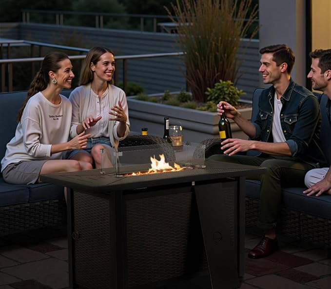 Belord 8 Piece Patio Furniture Set with 43" Fire Pit Table - Wicker Patio Conversation Set with Swivel Rocker Chairs and Sofa for Deck Outside Backyard Brown