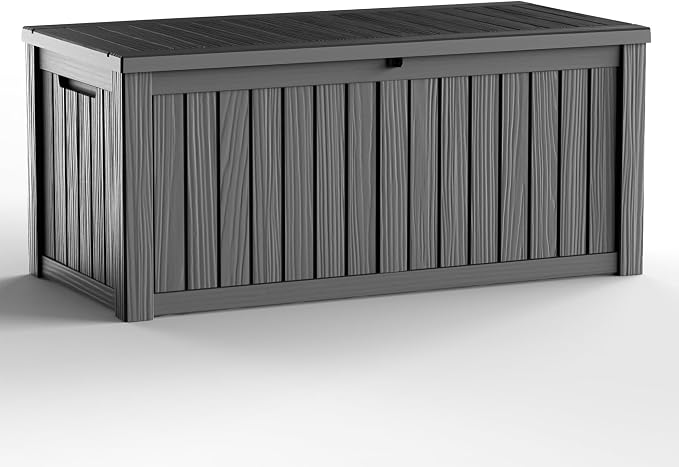 150 Gallon Outdoor Deck Storage Box, All Weather Vertical Wood Grain Lockable Storage Container for Patio, Poolside & Backyard Extra Large Outdoor Storage (Black,150GAL)