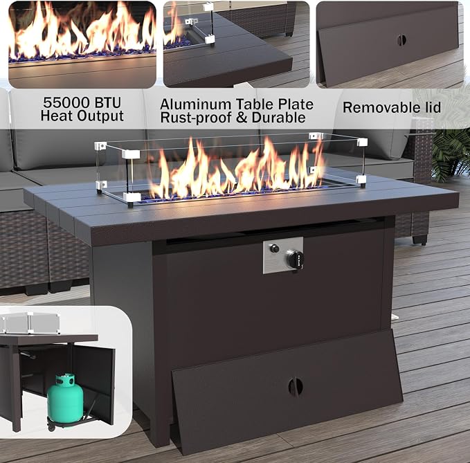ALAULM 15 Pieces Patio Furniture Set with Aluminum Fire Pit Table Outdoor Furniture Sets 55000BTU Gas Fire Pit Brown PE Rattan Wicker Patio Conversation Sets w/12 Cushions (Grey)