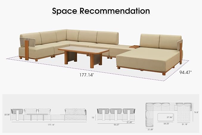 PURPLE LEAF Patio Furniture Set Modular U-Shaped Outdoor Sectional Sofa with 11" Thick Cushion 8-Piece Outdoor Conversation Set w/Daybed & Coffee Lights for Poolside Ottoman & Table Included, Beige