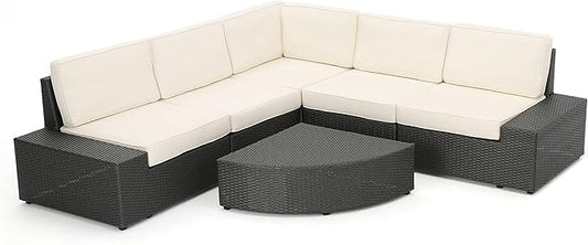 Christopher Knight Home Santa Cruz Outdoor Wicker Sectional Sofa Set with Water Resistant Cushions, 6-Pcs Set, Grey / White