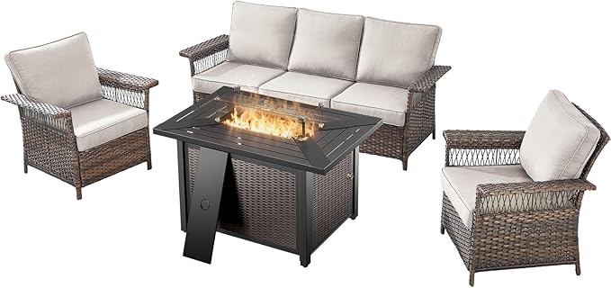 Patio Furniture Set with Fire Pit Table, 4PCS Patio Conversation Set Brown Resin Wicker Patio Chair and Sofa with 43in Rectangular Iron Firepit Table PE Rattan Patio Furniture Set