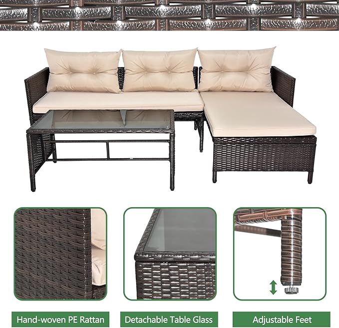 3 Piece Outdoor Patio Furniture Set, Rattan Wicker Sofa Set, Outdoor Furniture Chair Set with Tea Table, Sofa Set, Outdoor Furniture Rattan Patio Conversation Set with Coffee Table