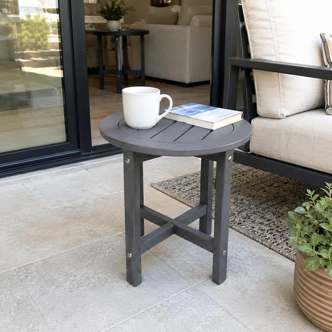 GDFStudio HDPE Outdoor Side Table, Small Patio End Table, All-Weather Round Accent Table for Porch Balcony Deck Poolside, Gray
