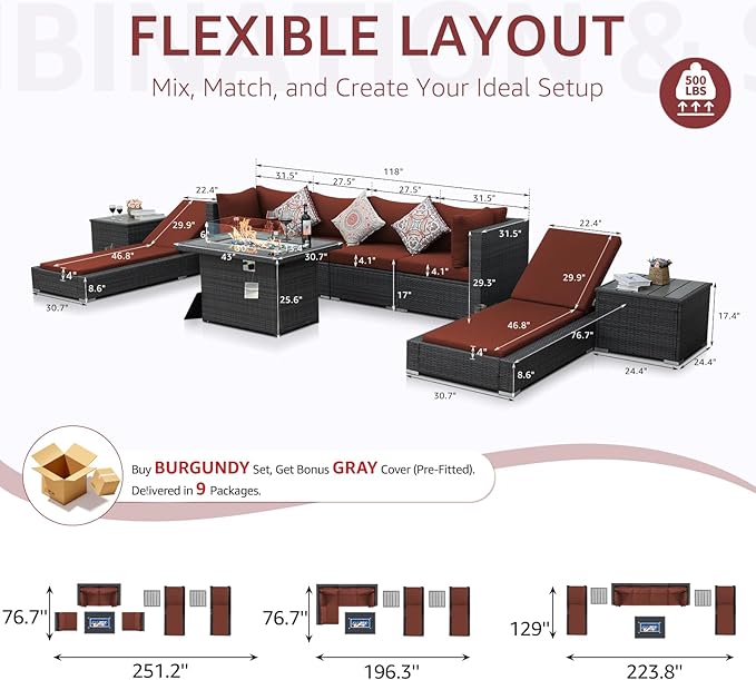 NICESOUL 9 Piece Outdoor Patio Furniture Set with Fire Pit, Modern Backyard Sectional with Chaise Lounge, Cozy 29.3'' High-Back Outside Seating Sofa, All-Weather Wicker Couch for Garden, Grey & Red