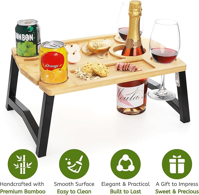 Youeon Portable Wine Picnic Table with Glass Holder, Foldable Durable Picnic Charcuterie Board, Small Wine Table Snack & Cheese Tray for Picnic, Beach, Camp, Park, Wine Lover Gift