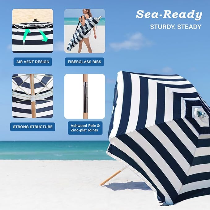 AMMSUN 7.5ft Heavy Duty HIGH Wind Beach Umbrella Commercial Grade Patio Beach Umbrella with Air Vent Ash Wood Pole & Carry Bag UPF50+ Protection Navy Stripe