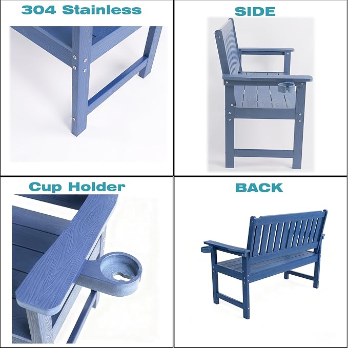 Outdoor Wooden Bench, 2-Person Garden Bench with Backrest and Armrests,Long Loveseat Bench for Garden,Porch,Courtyard, Home.(Blue)