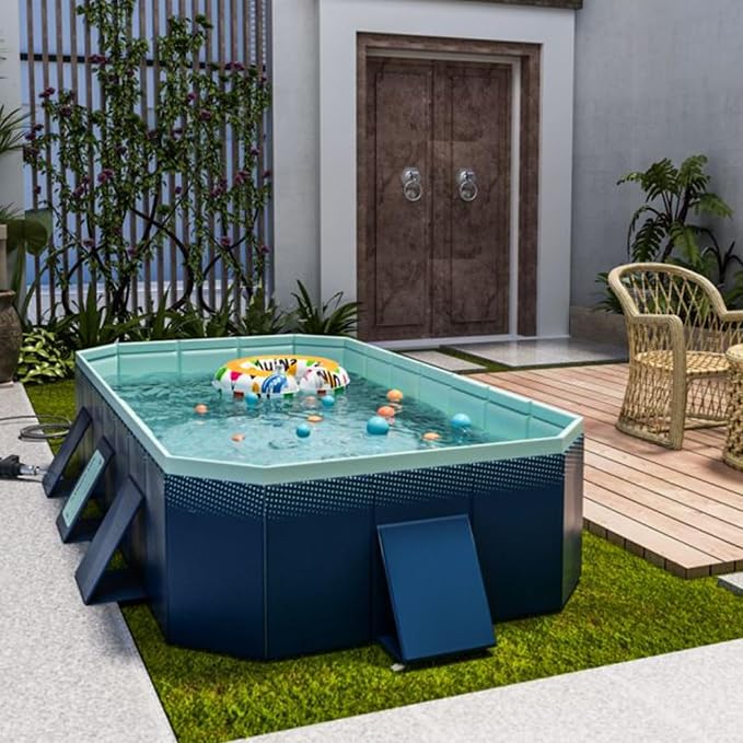 Foldable Swimming Pool, Rectangular Above Ground Swimming Pool for Outdoor Family Square Pool with Drain Plug and Drain Hole, Easy to Assemble Pool for Kids, Pets and Dogs(116" L x 65" W)