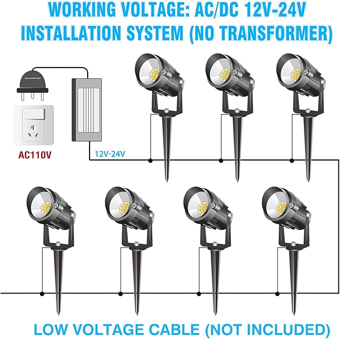 7W Low Voltage Landscape Lighting with Connectors AC/DC 12-24V IP67 Waterproof 3000K Warm White Outdoor Spotlights for Yard Pathway Garden Trees (6 Pack)