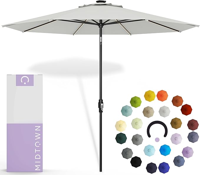 Midtown Umbrellas The LED Swilt 10 Feet Patio Umbrella With Terylast Off Cream (Off White) Polyester Fabric - Auto-Tilt Aluminum Frame With LED Lights For Backyard, Deck, Garden, Pool - Black Pole