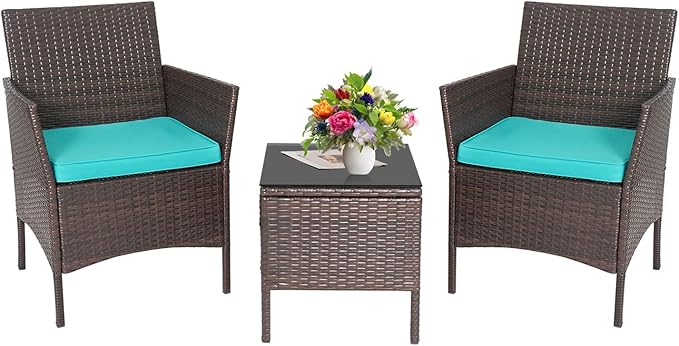 PayLessHere 3-Piece Outdoor Wicker Conversation Bistro Set Outdoor Patio Porch Furniture Sets for Yard, Garden with 2 PE Rattan Wicker Chairs, 2 Cushions,1 Coffee Table (Blue)